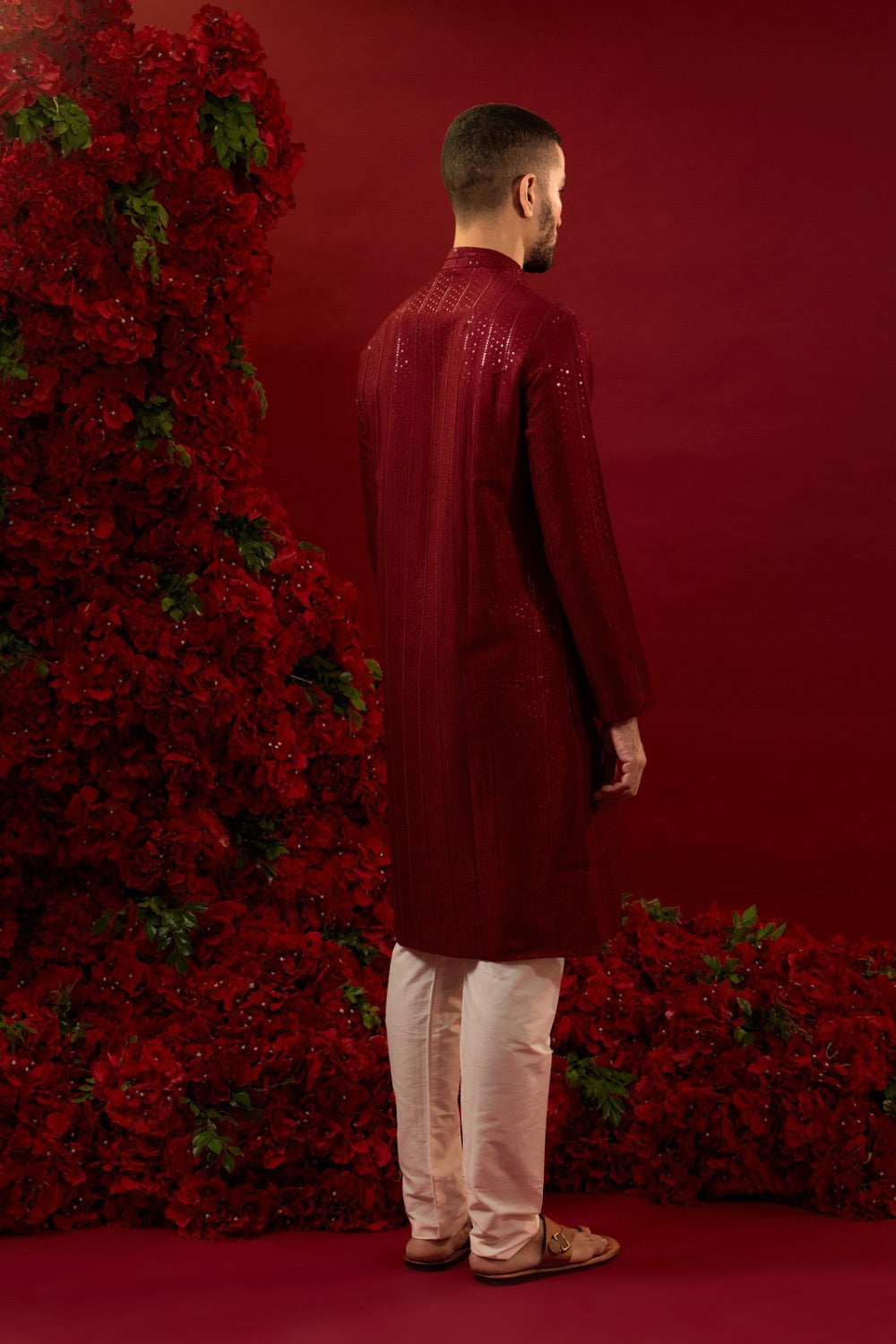 Red silk kurta set with hand and machine work