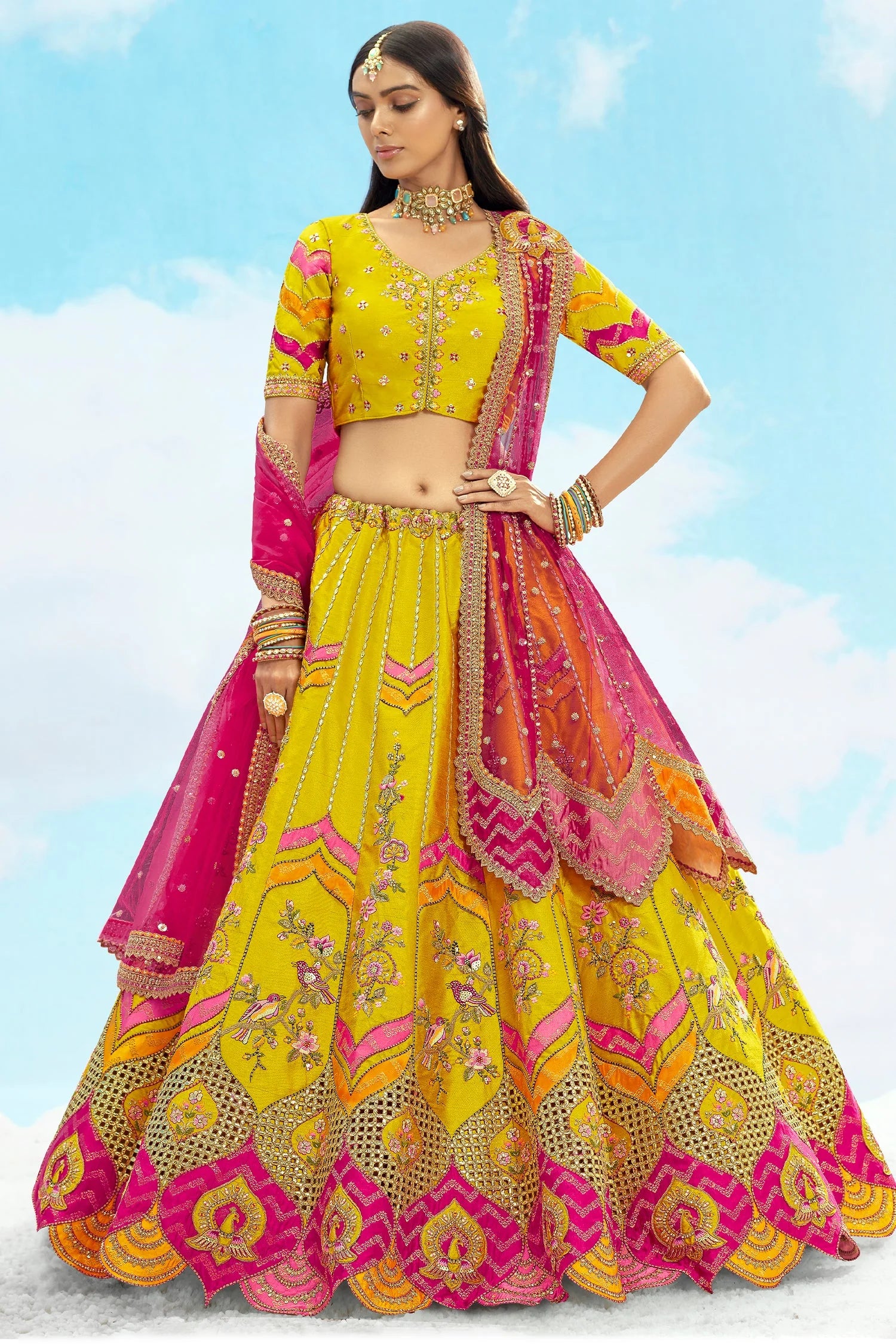 Yellow Silk Lehenga with Bird Embroidery & Cutwork Detailing