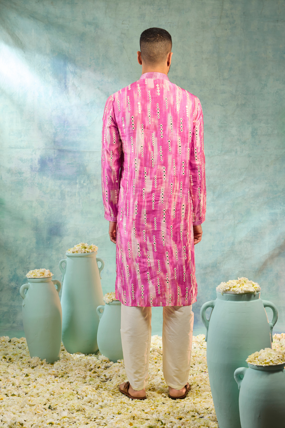 Kurta with thread and mirror work with cream pyjama