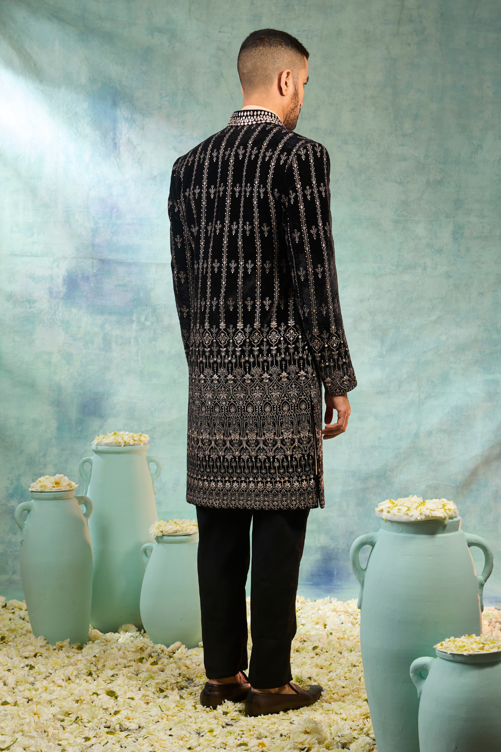 Black velvet sherwani with mirror and thread work
