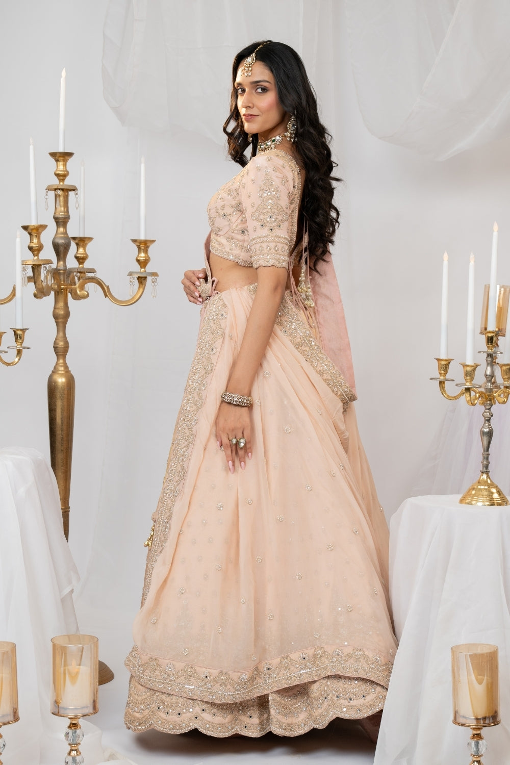 Peach Tissue Silk Lehenga Choli Set with Cutdana and Moti Work