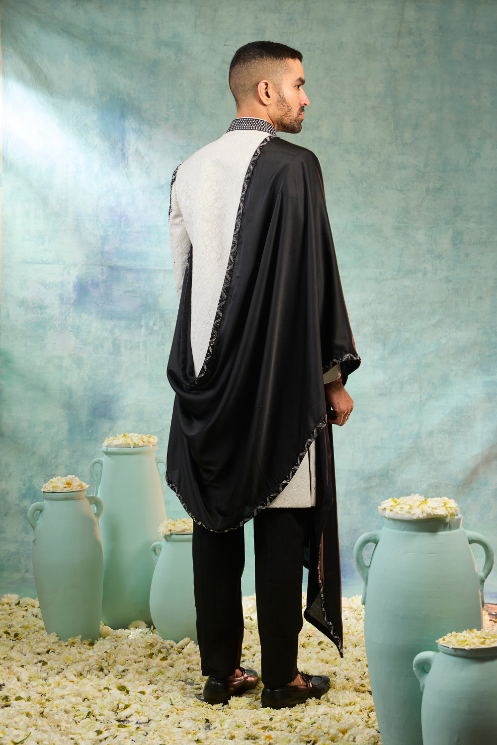Black & white silk sherwani with thread embroidery