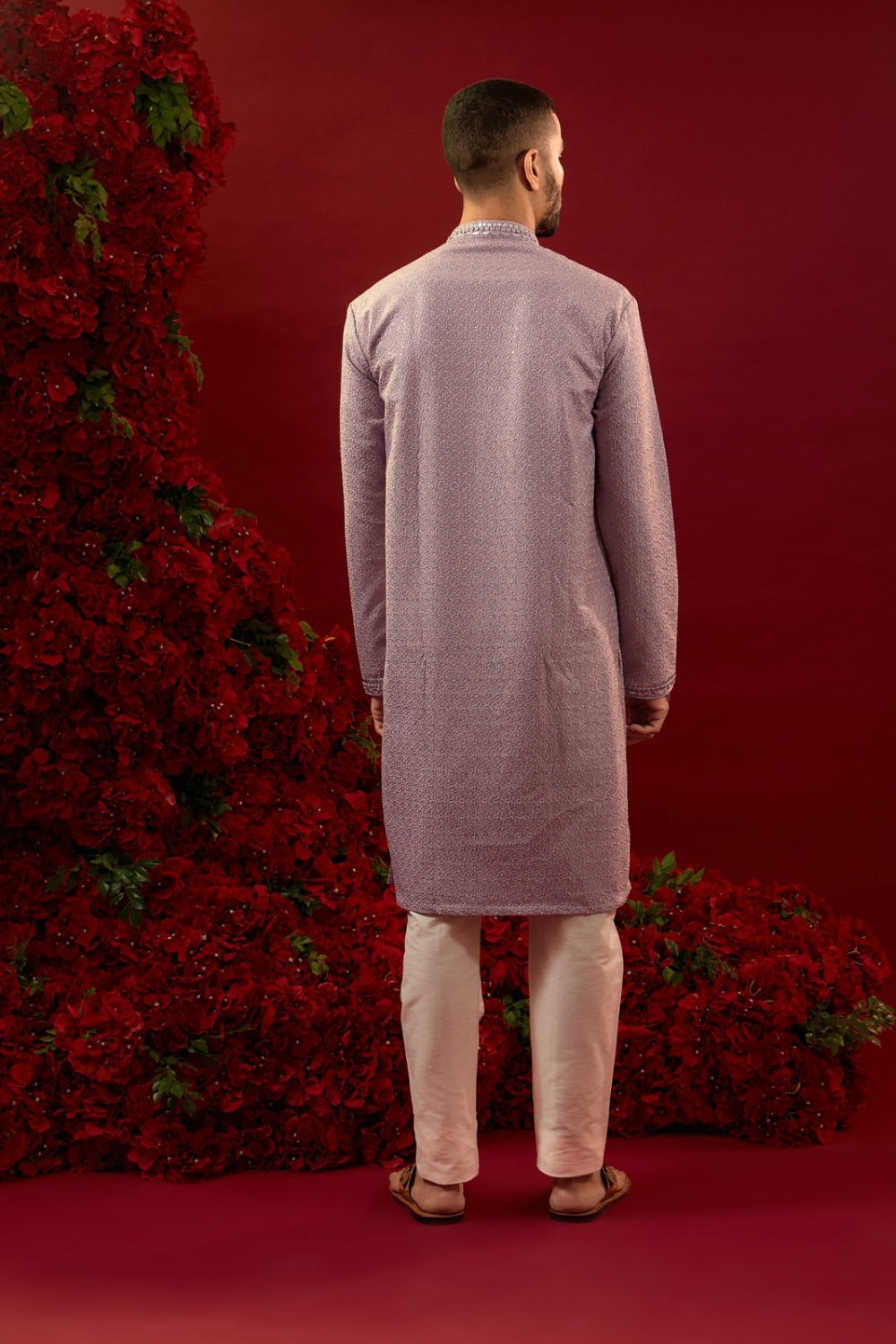 Lilac silk kurta set with hand and machine work