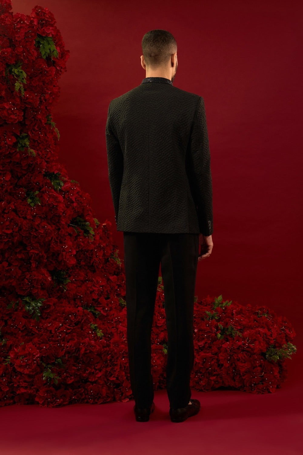 Silk suit with hand work on neckline and pocket