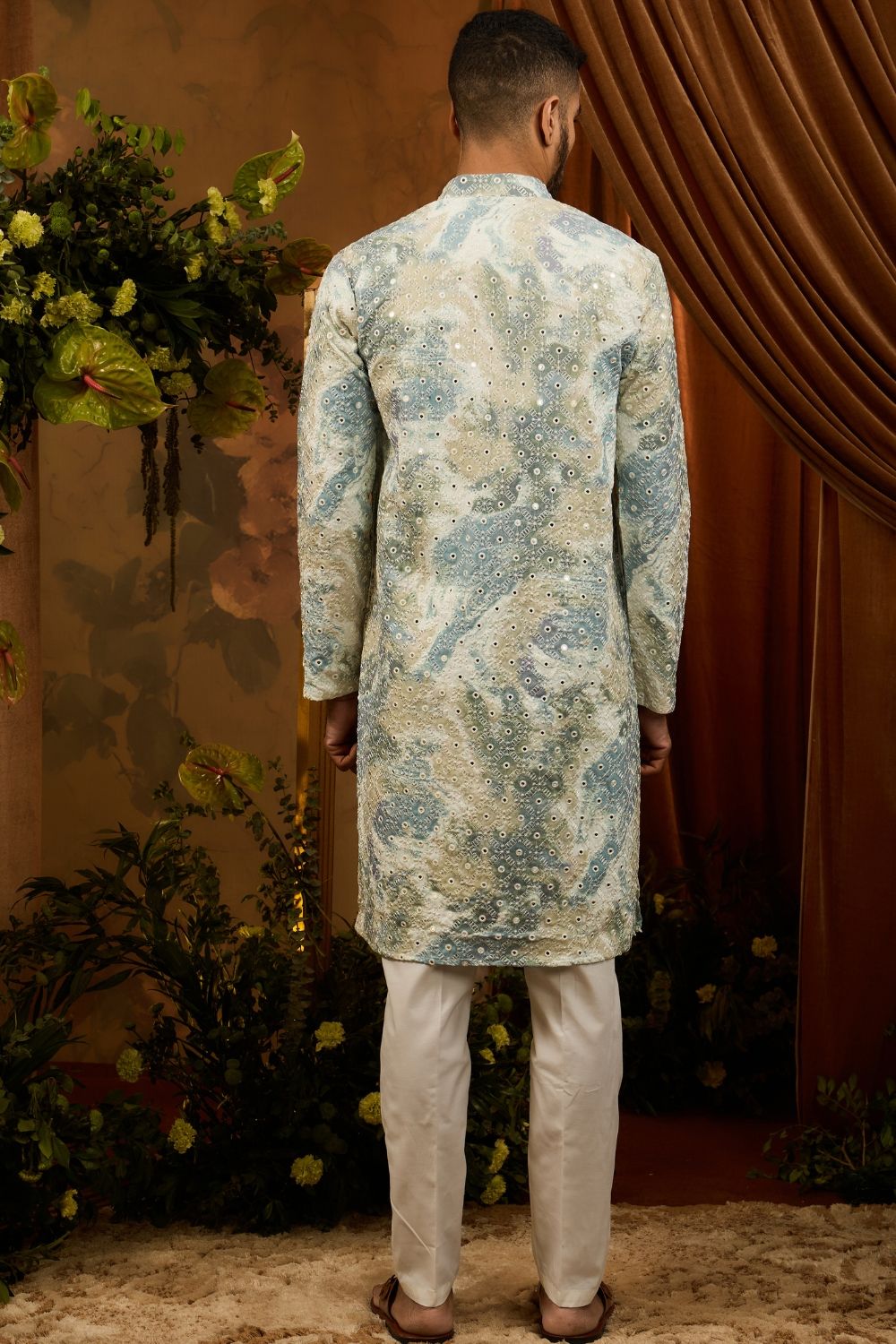 Silk kurta pajama set with white embroidery and mirror work