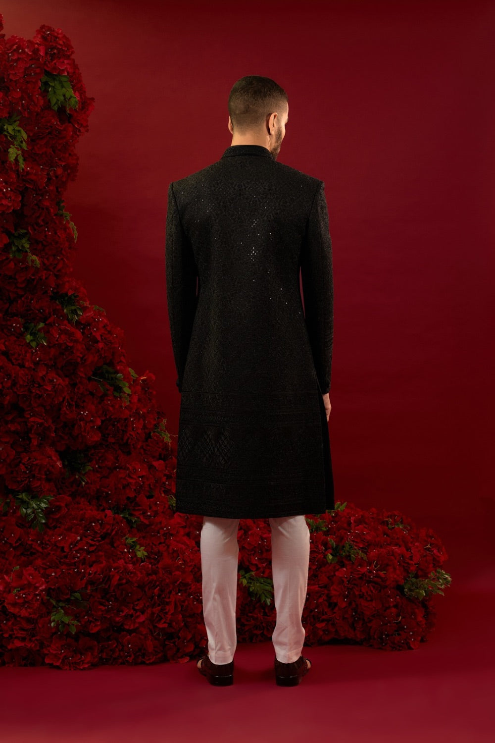 Black silk sherwani with machine work