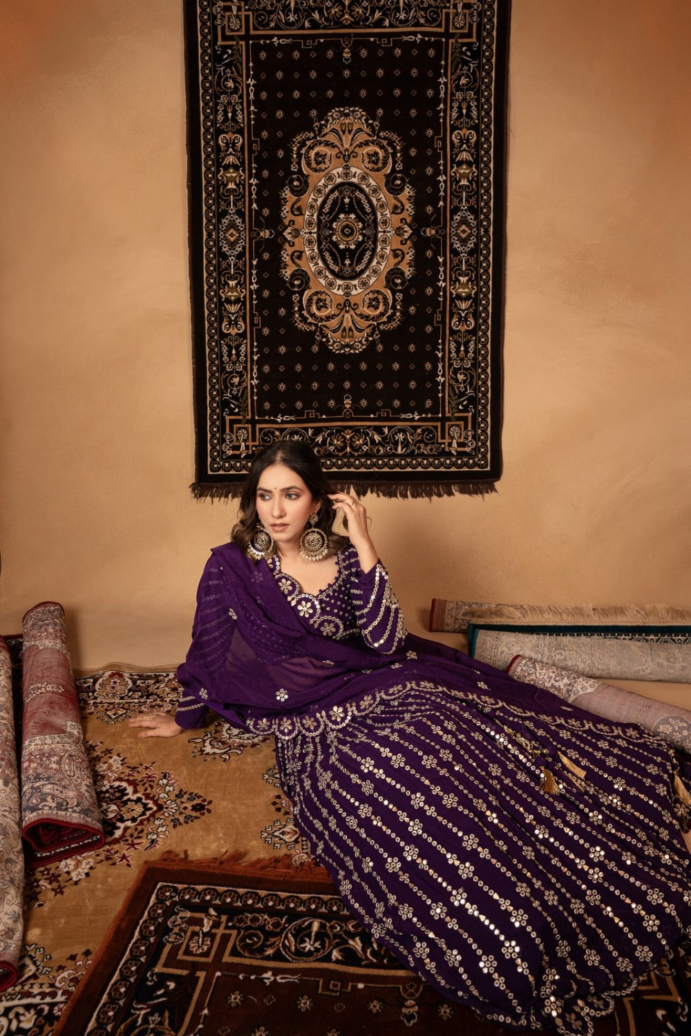 Purple georgette lehenga choli with foil mirror work