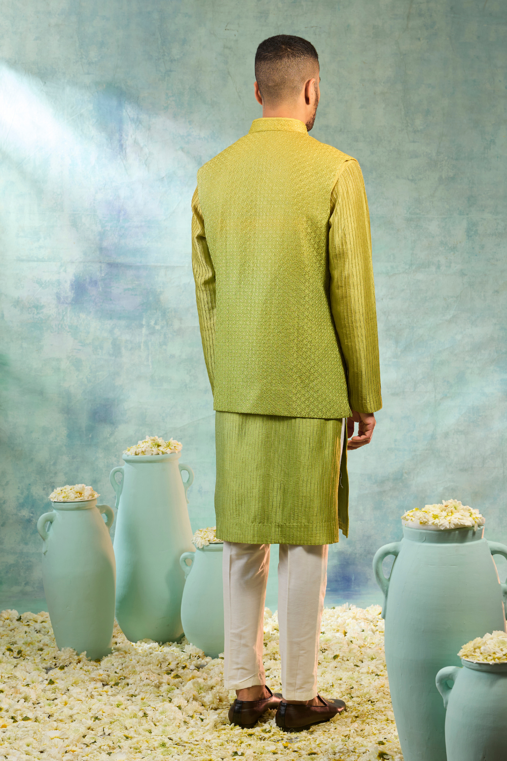 Olive green silk koti set with mirror and sequence work with pintucks