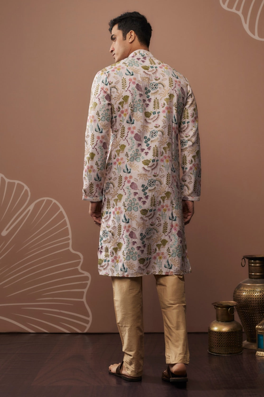 Multicolour silk kurta with hand and machine work