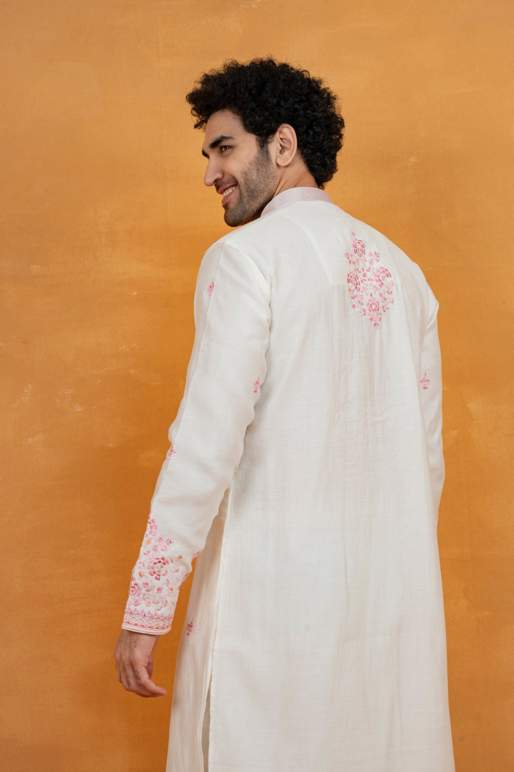 Silk kurta set with yellow resham embroidery and mirror work