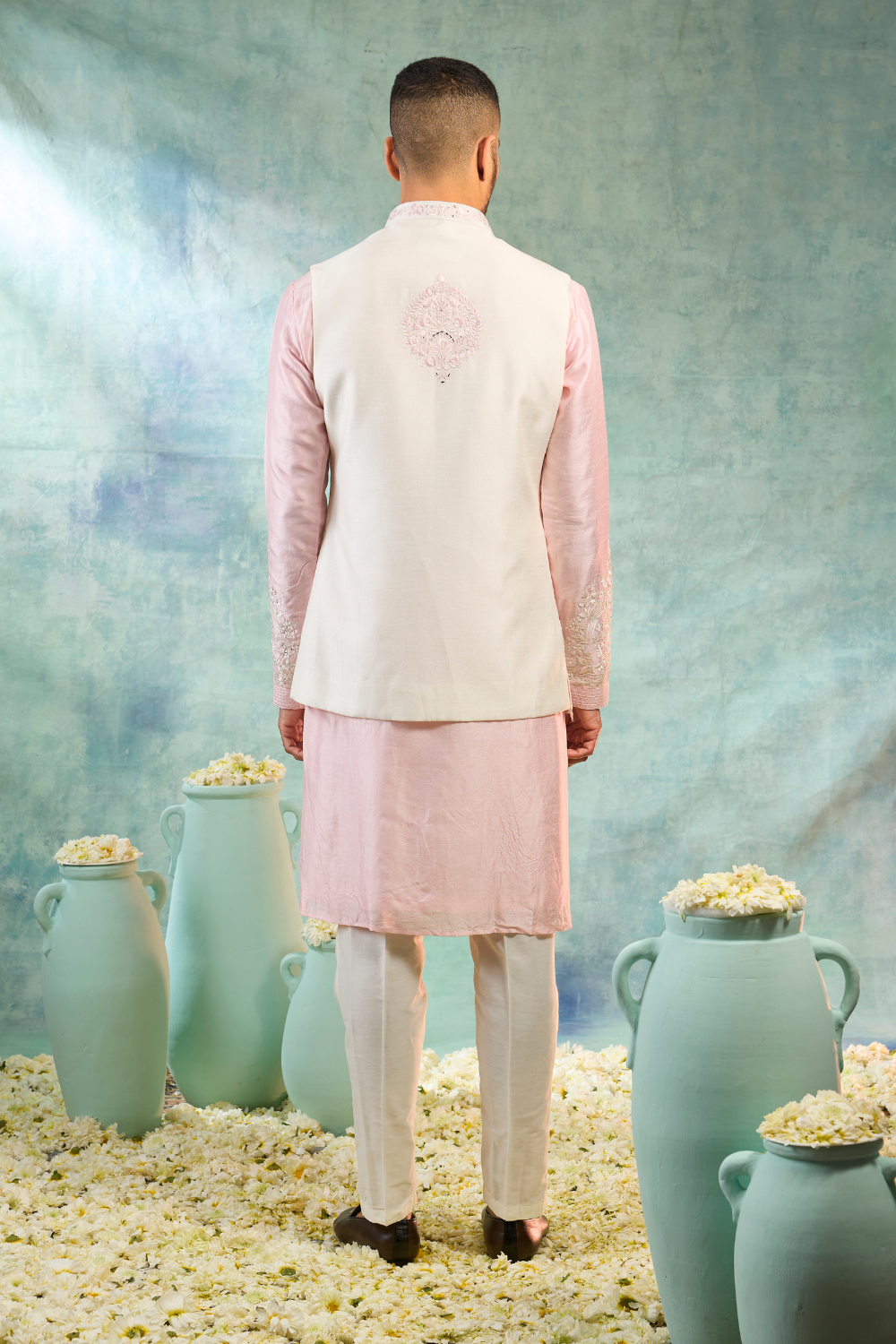 Silk koti with firozi kurta set with embroidery work