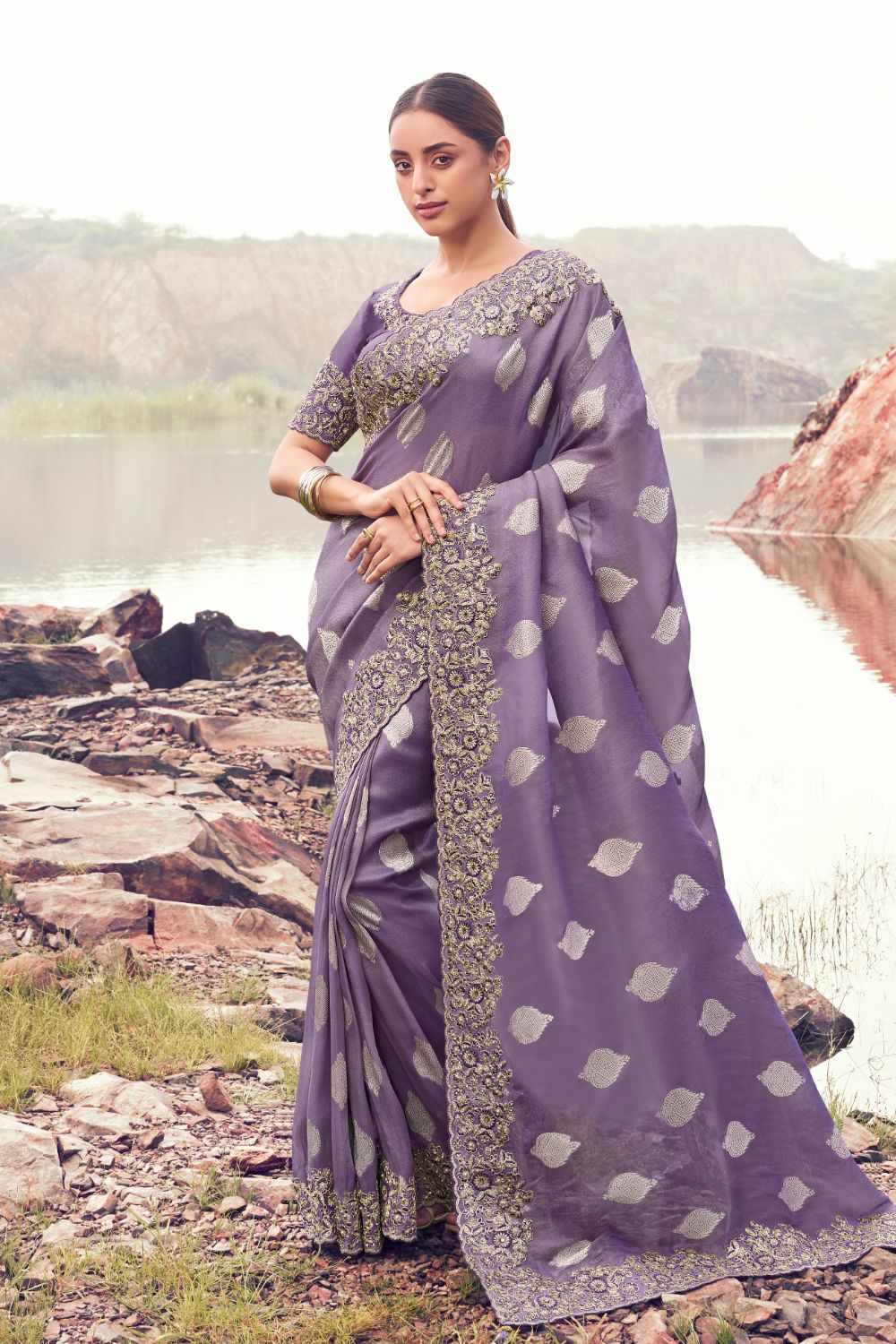 Lavender Georgette Stone and Moti Work Saree