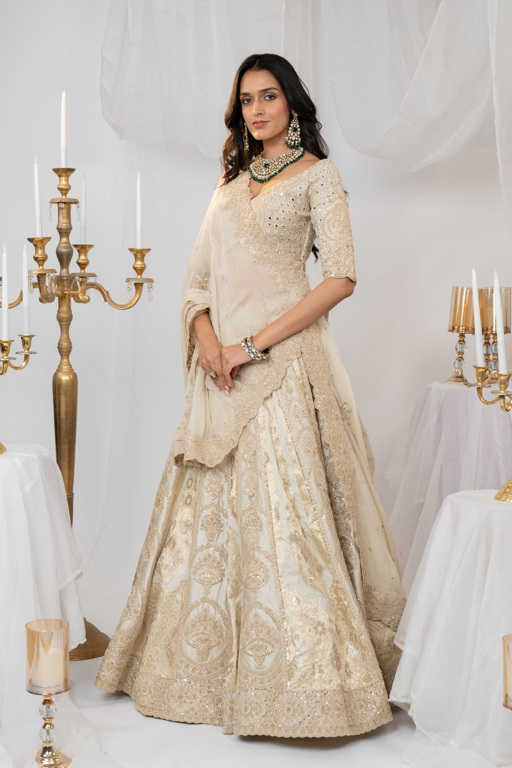 Ivory Banarasi and Tissue Silk Lehenga Choli Set with Sequins and Mirror Embroidery
