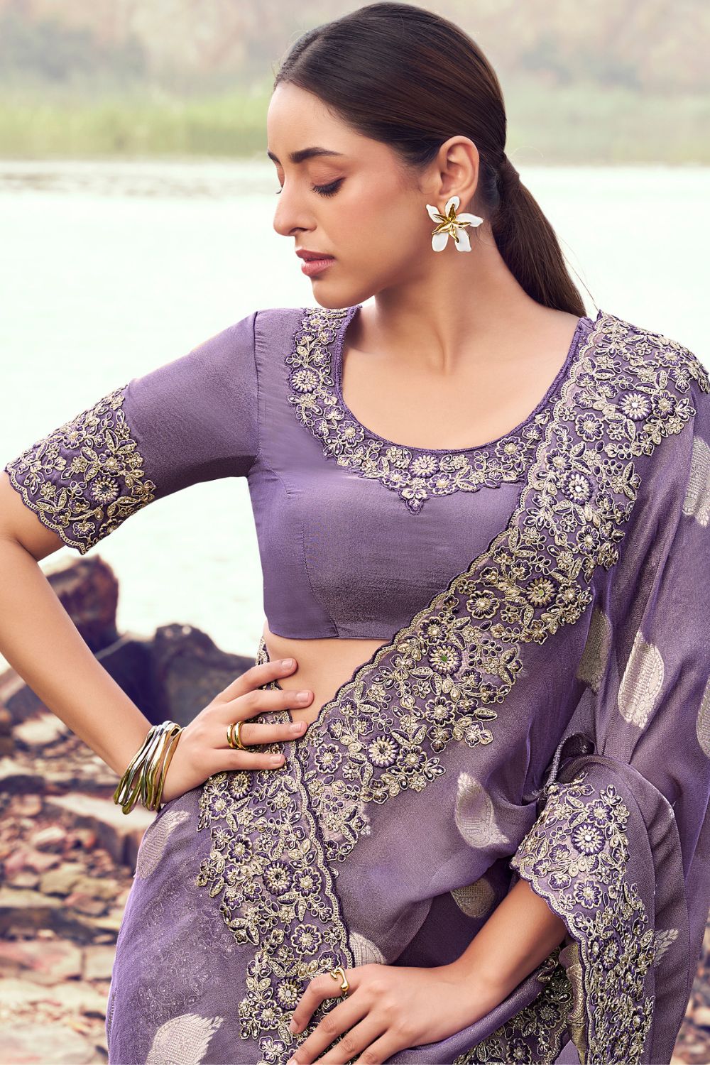 Lavender Georgette Stone and Moti Work Saree
