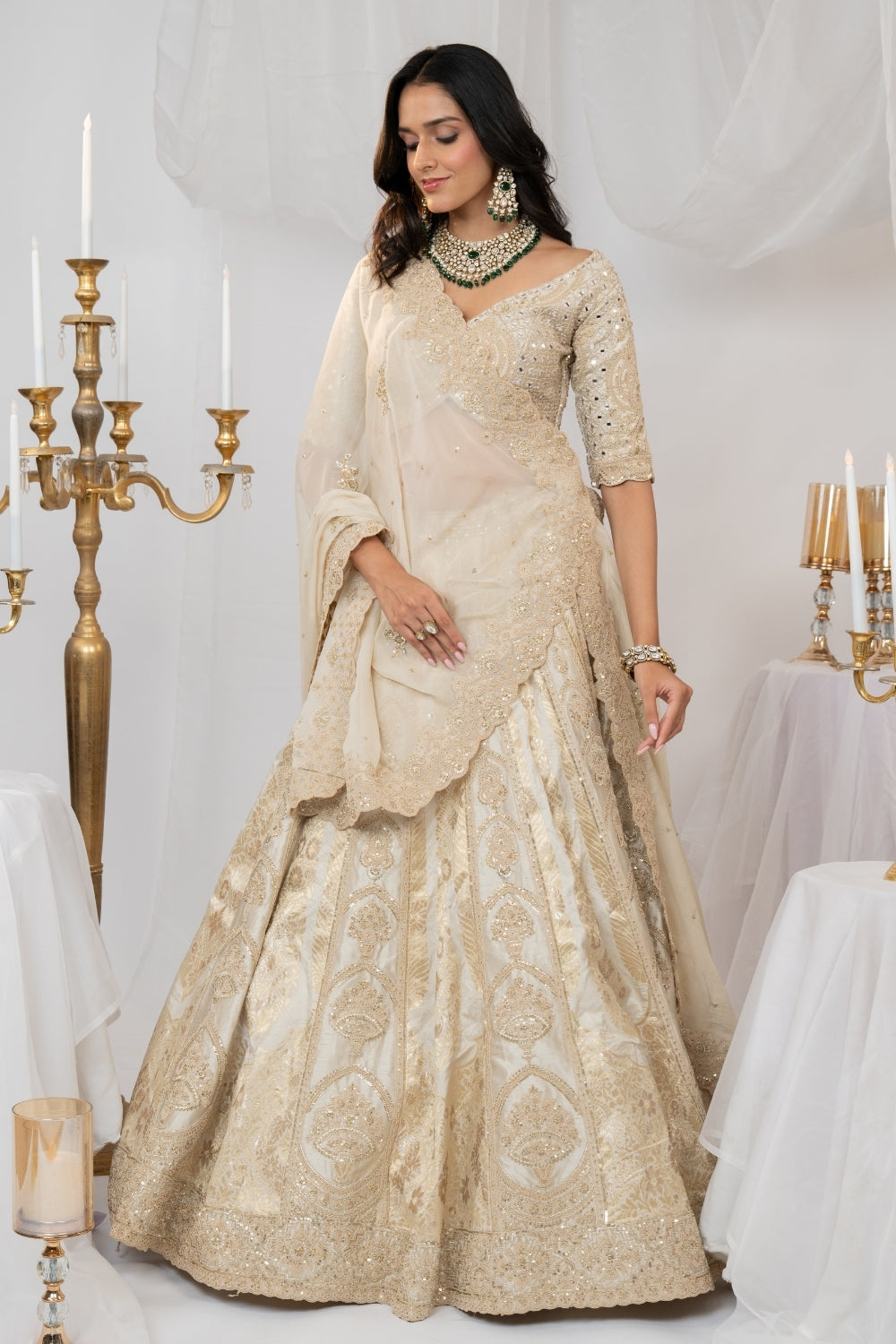 Ivory Banarasi and Tissue Silk Lehenga Choli Set with Sequins and Mirror Embroidery