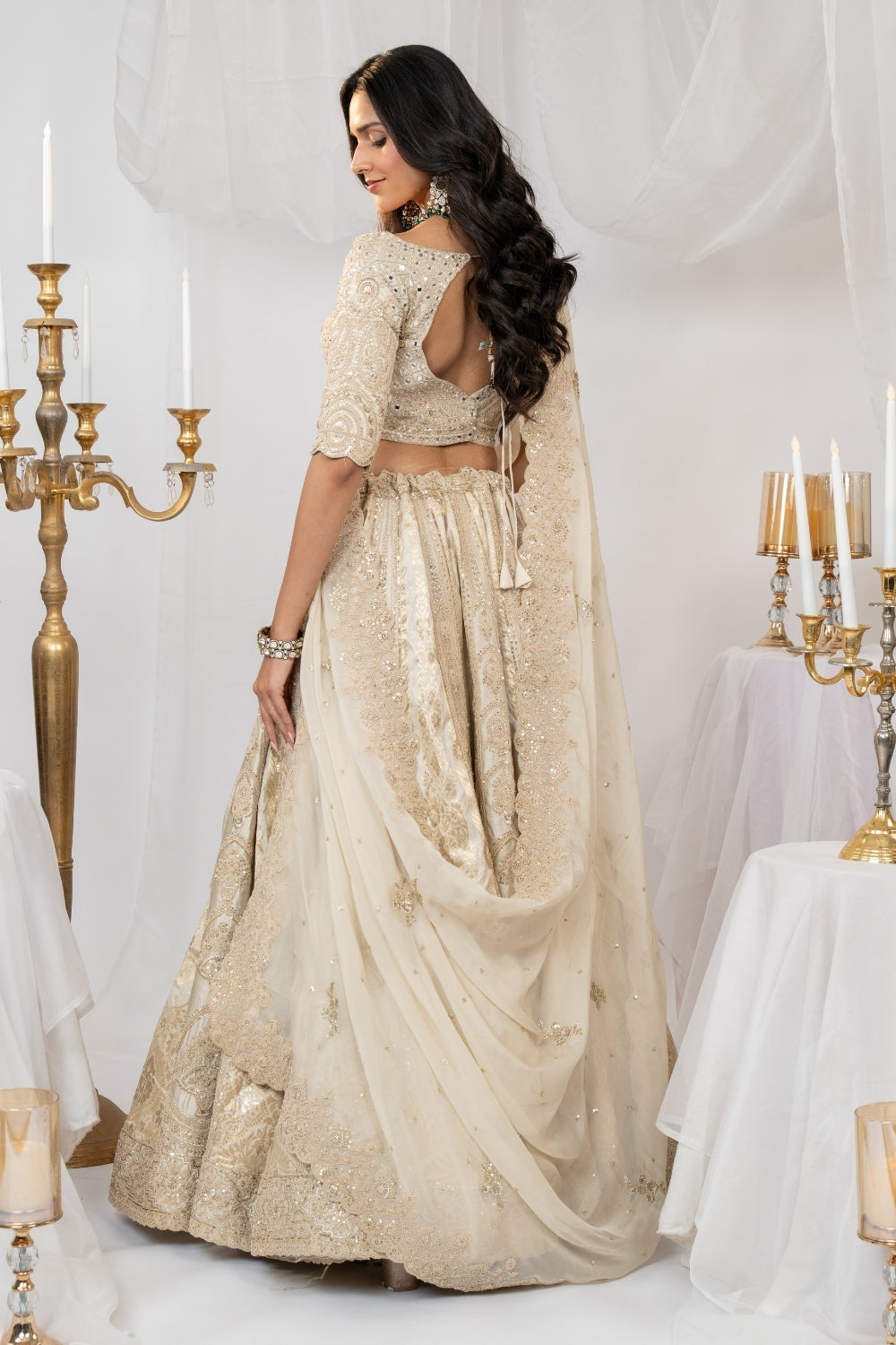 Ivory Banarasi and Tissue Silk Lehenga Choli Set with Sequins and Mirror Embroidery