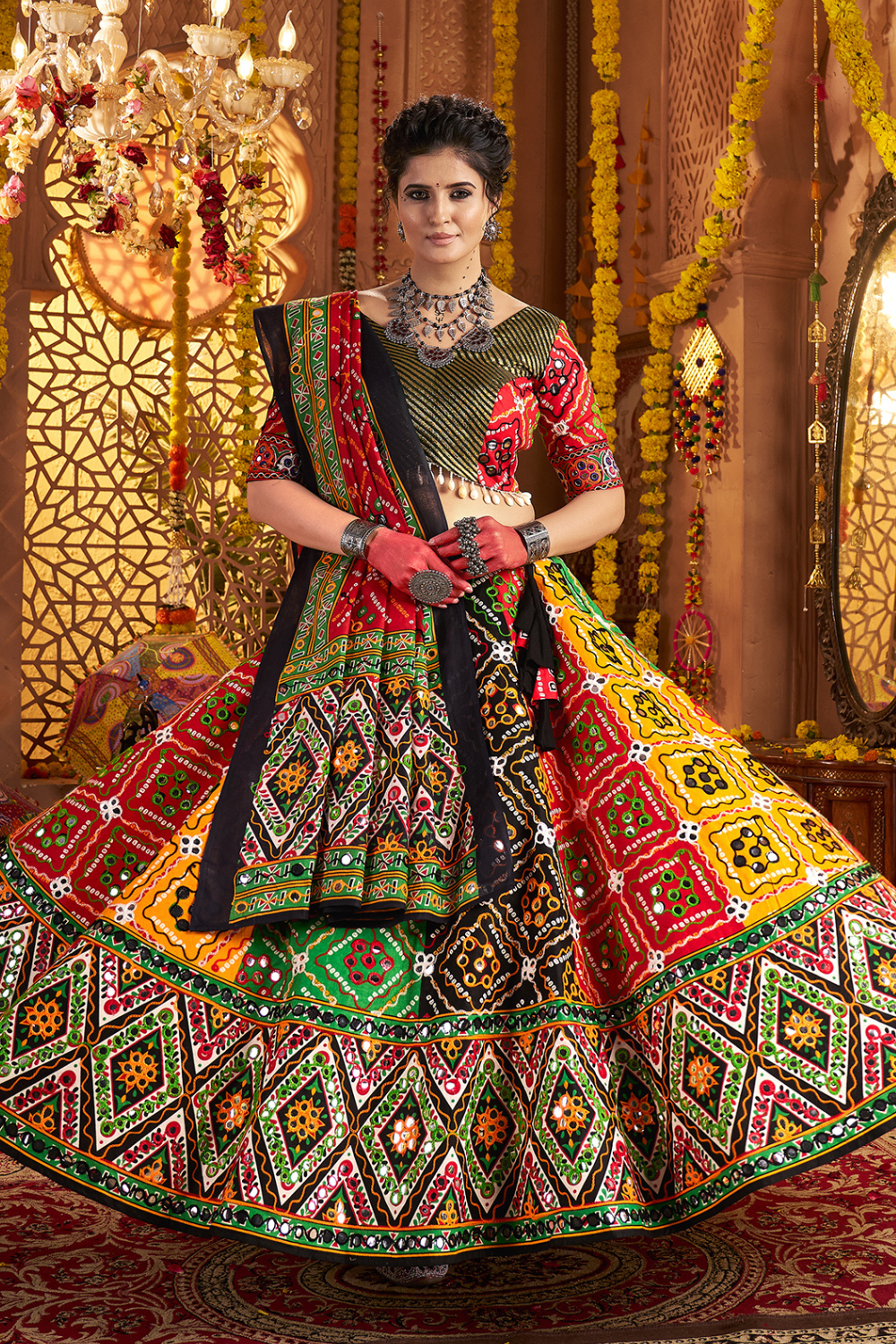 MULTI COLOR COTTON NAVRATRI LEHENGA CHOLI WITH FOIL AND MIRROR WORK