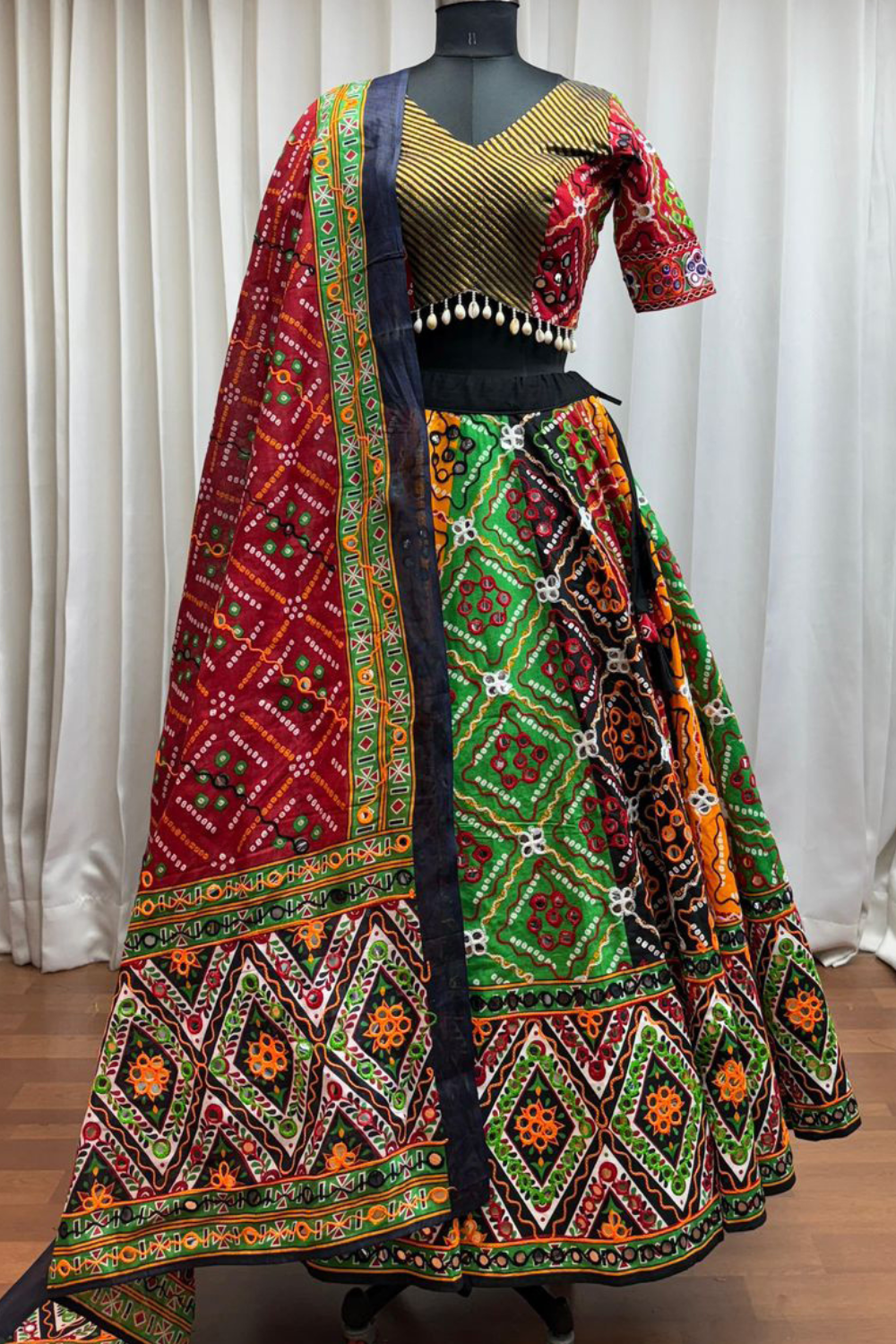 MULTI COLOR COTTON NAVRATRI LEHENGA CHOLI WITH FOIL AND MIRROR WORK