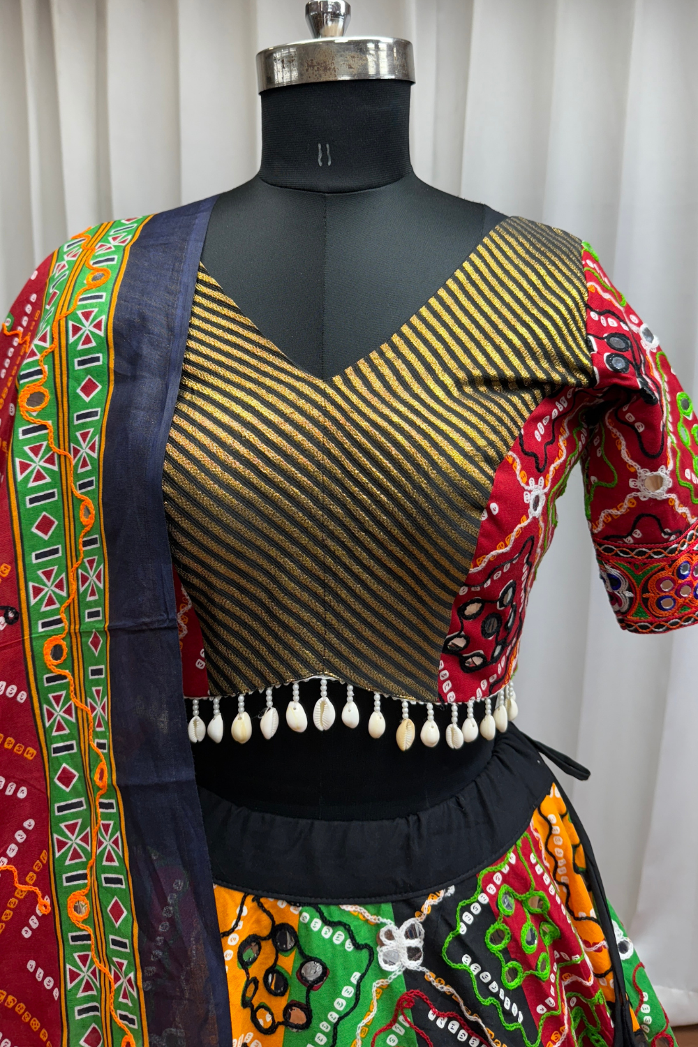MULTI COLOR COTTON NAVRATRI LEHENGA CHOLI WITH FOIL AND MIRROR WORK