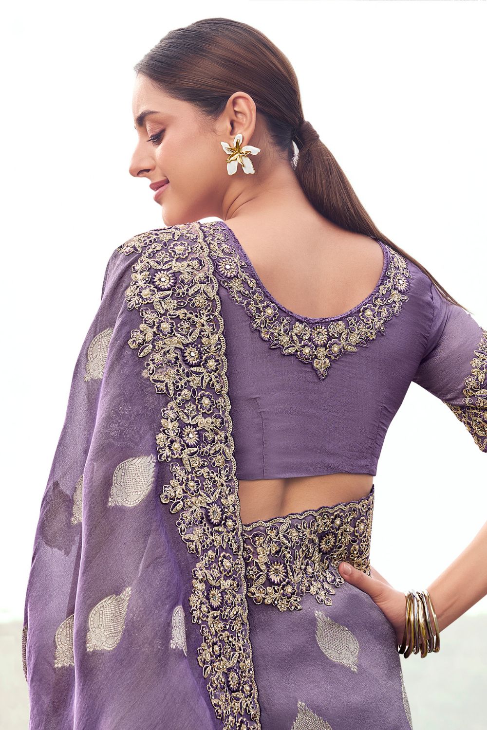 Lavender Georgette Stone and Moti Work Saree
