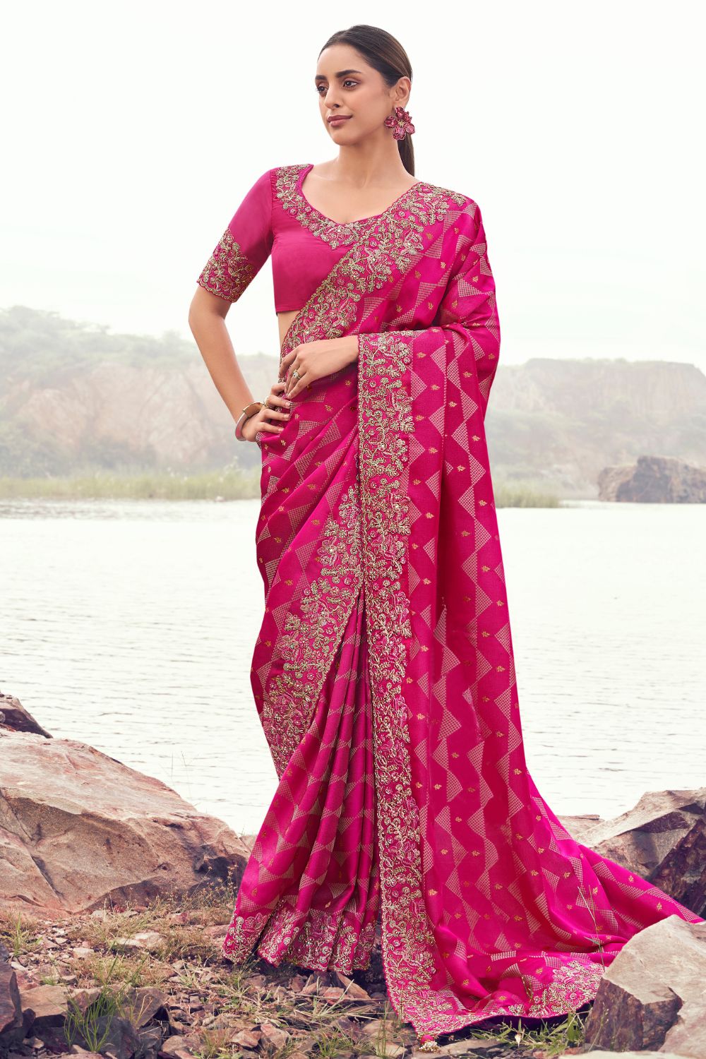 Pink Georgette Sequins and Moti Work Saree