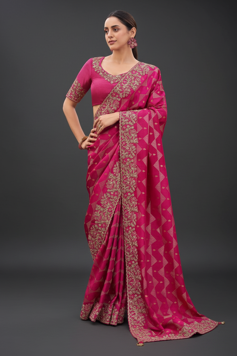 Pink Georgette Sequins and Moti Work Saree