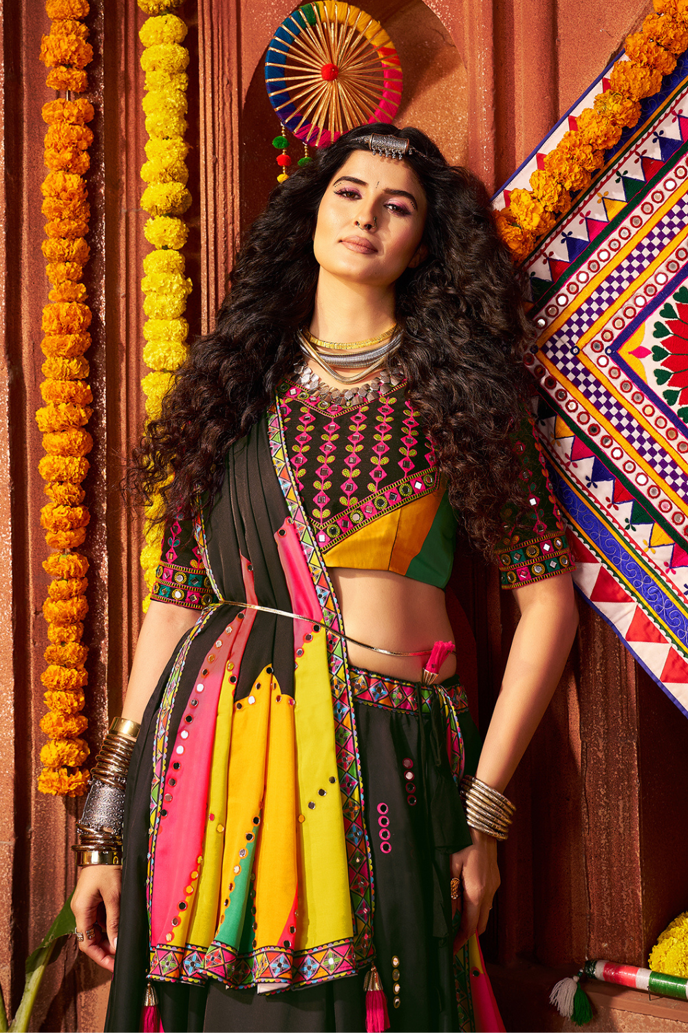 BLACK AND MULTI RAYON NAVRATRI LEHENGA CHOLI WITH DIGITAL PRINT AND MIRROR WORK