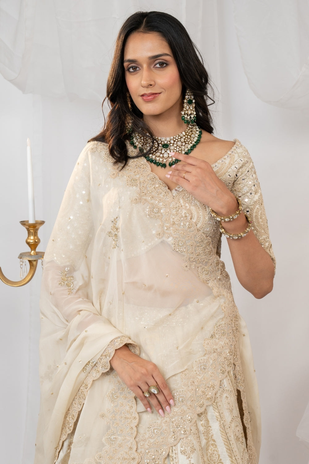 Ivory Banarasi and Tissue Silk Lehenga Choli Set with Sequins and Mirror Embroidery