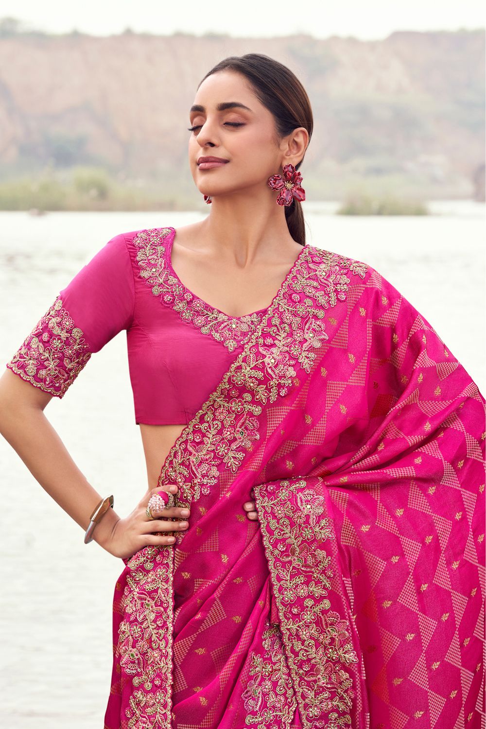 Pink Georgette Sequins and Moti Work Saree