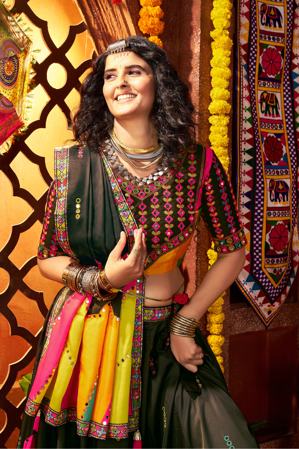 BLACK AND MULTI RAYON NAVRATRI LEHENGA CHOLI WITH DIGITAL PRINT AND MIRROR WORK
