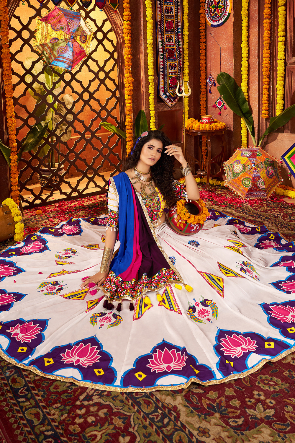 WHITE & BLUE RAYON NAVRATRI LEHENGA CHOLI WITH PRINT AND MIRROR WORK