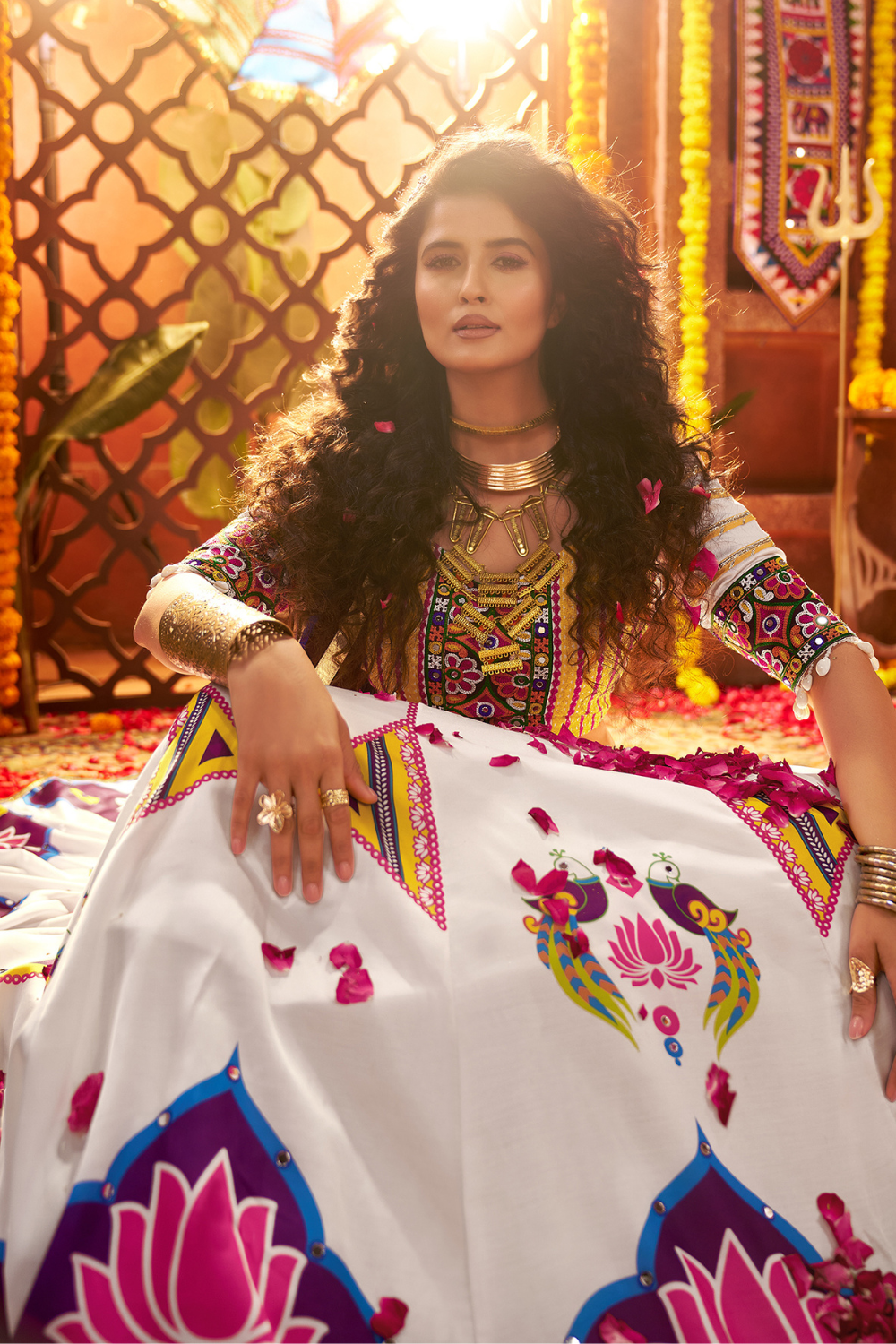 WHITE & BLUE RAYON NAVRATRI LEHENGA CHOLI WITH PRINT AND MIRROR WORK