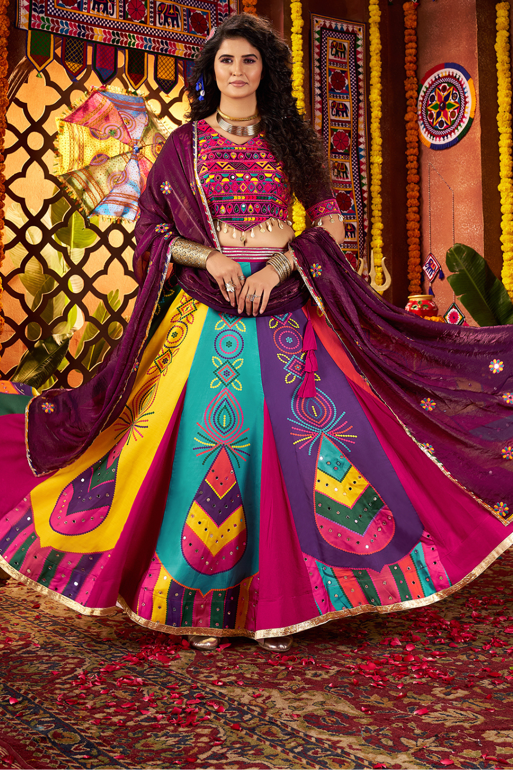 MULTI RAYON NAVRATRI LEHENGA CHOLI WITH PRINT AND MIRROR WORK