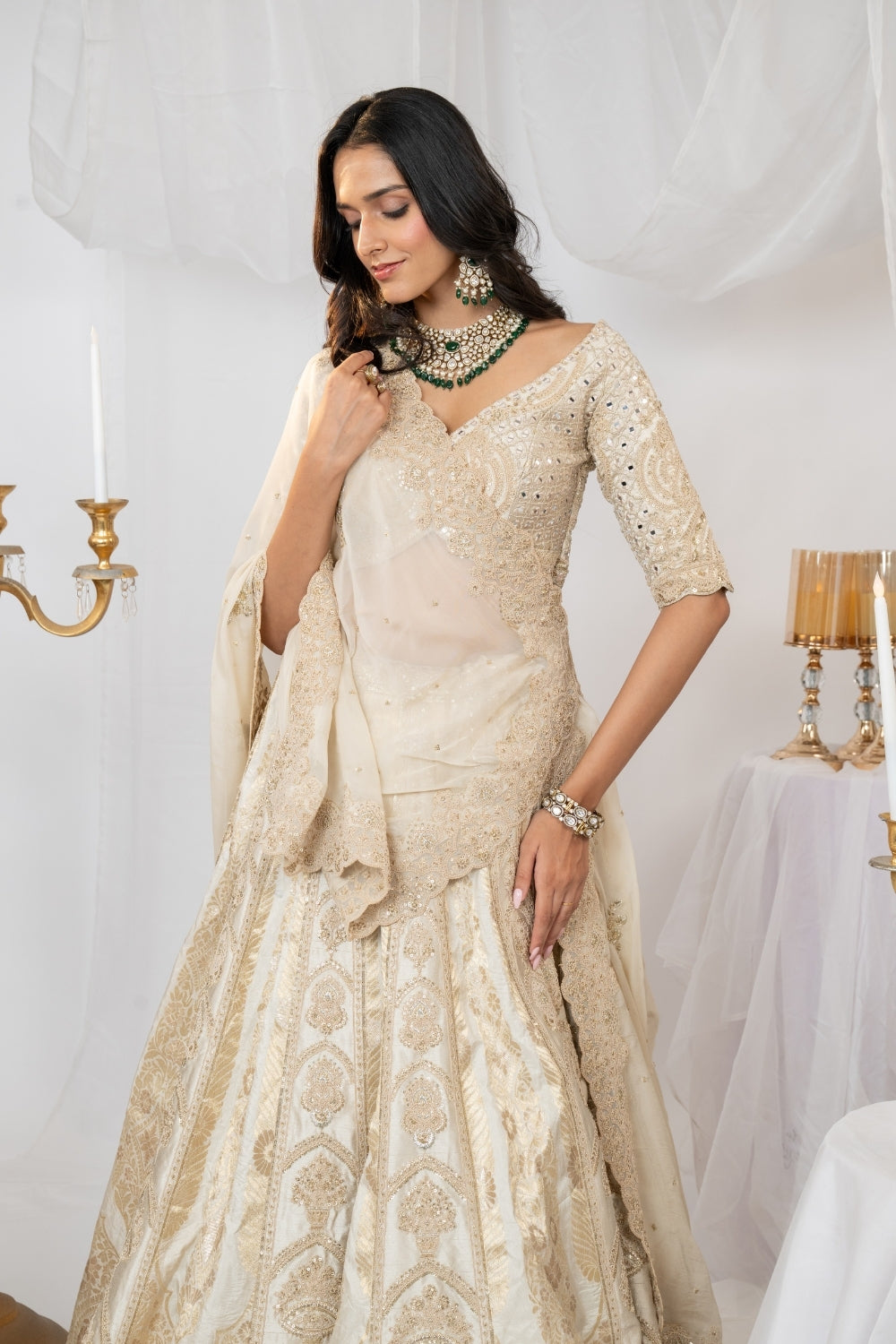Ivory Banarasi and Tissue Silk Lehenga Choli Set with Sequins and Mirror Embroidery