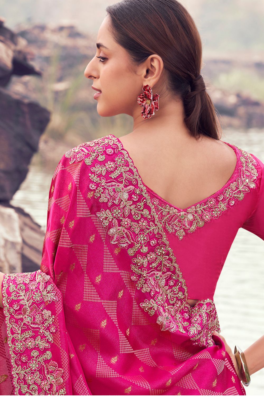 Pink Georgette Sequins and Moti Work Saree