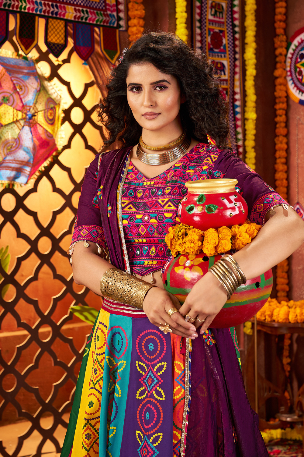 MULTI RAYON NAVRATRI LEHENGA CHOLI WITH PRINT AND MIRROR WORK