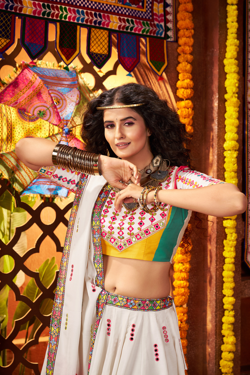 WHITE RAYON NAVRATRI LEHENGA CHOLI WITH DIGITAL PRINT AND MIRROR WORK