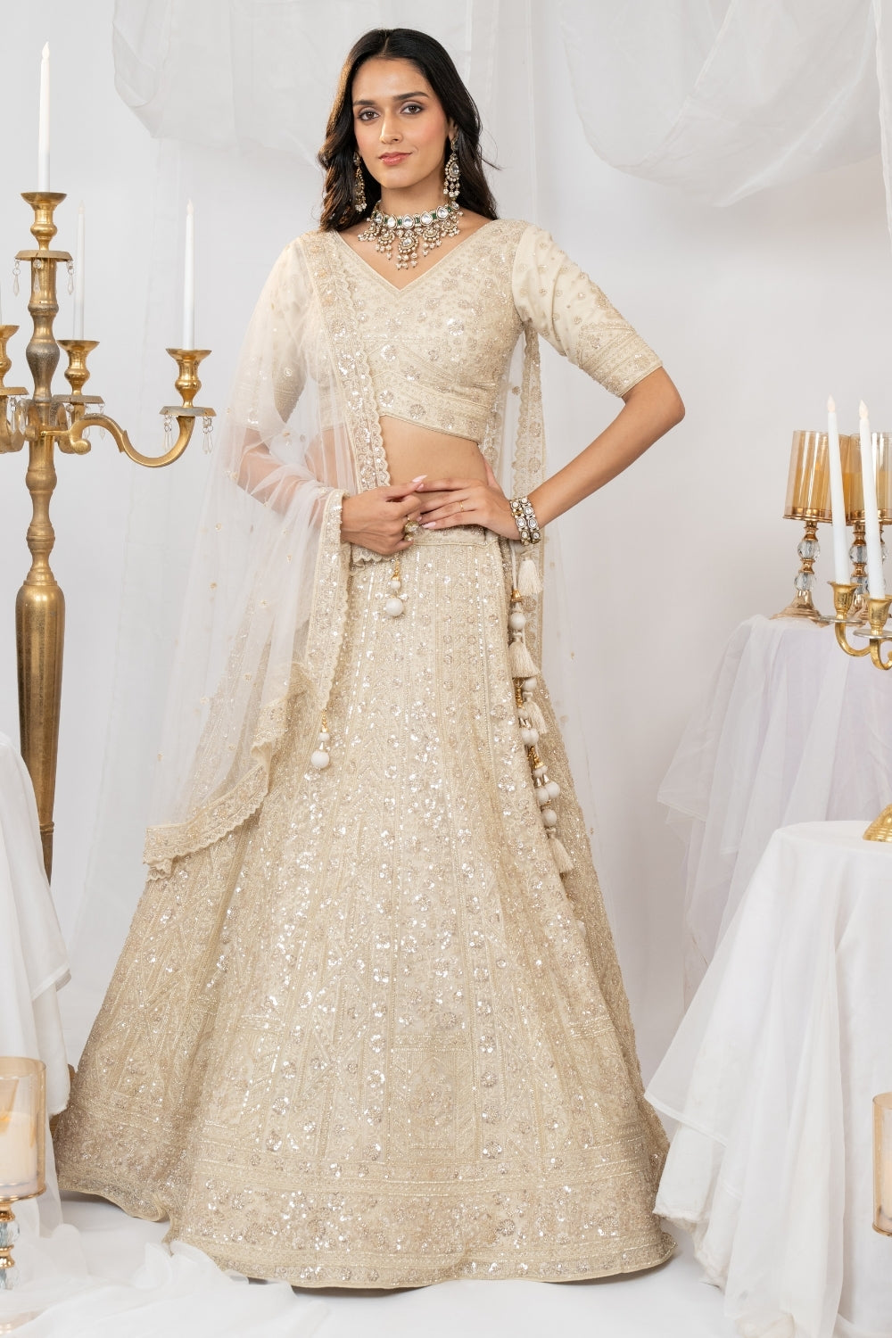 Cream Organza Net Lehenga Choli Set with Cutdana and Sequins Work