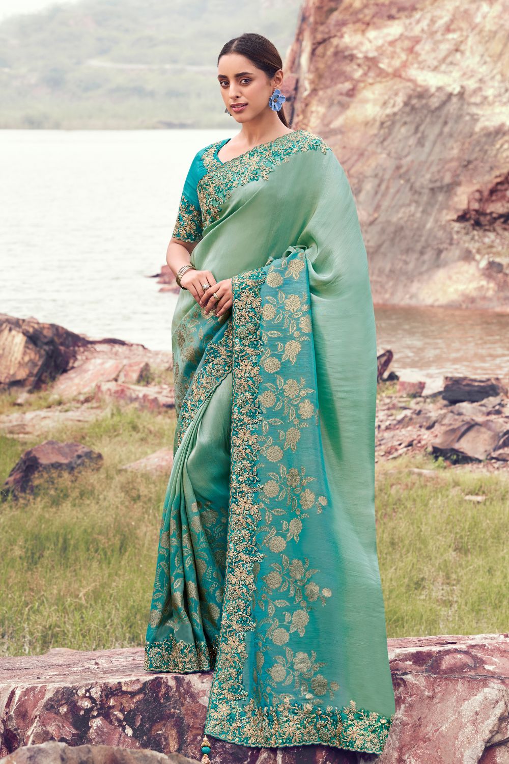Sea Green Georgette Moti and Sequins Work Saree