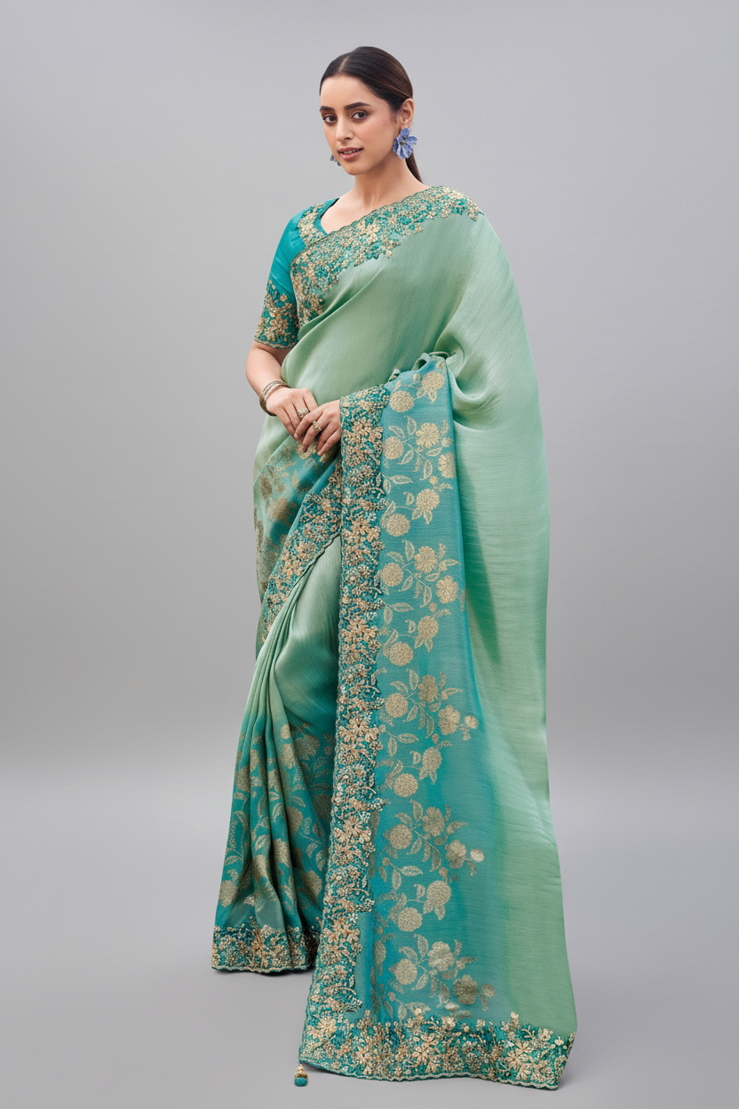 Sea Green Georgette Moti and Sequins Work Saree