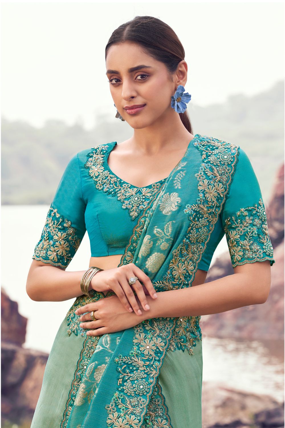 Sea Green Georgette Moti and Sequins Work Saree