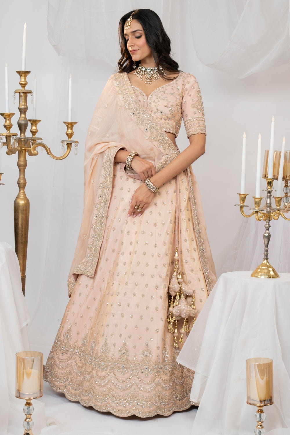 Peach Tissue Silk Lehenga Choli Set with Cutdana and Moti Work