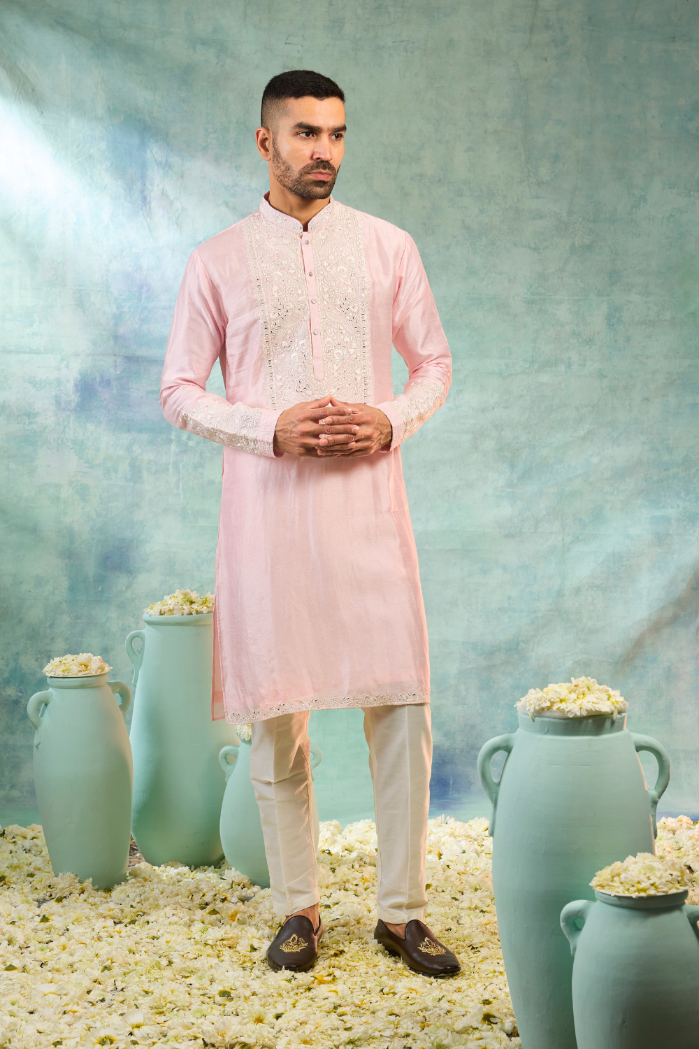 Silk koti with firozi kurta set with embroidery work