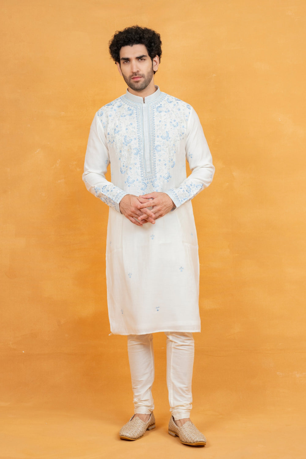 Silk kurta set with yellow resham embroidery and mirror work