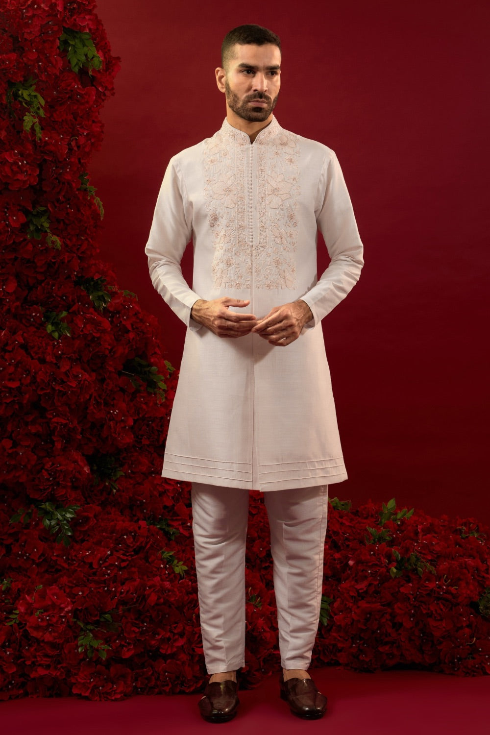 Rose white silk open koti set with detailed machine work