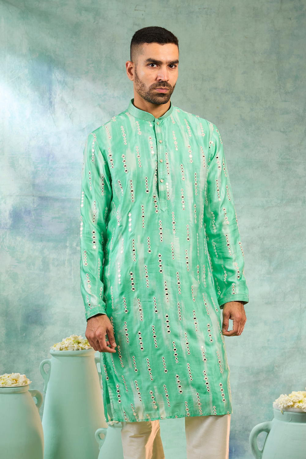 Kurta with thread and mirror work with cream pyjama