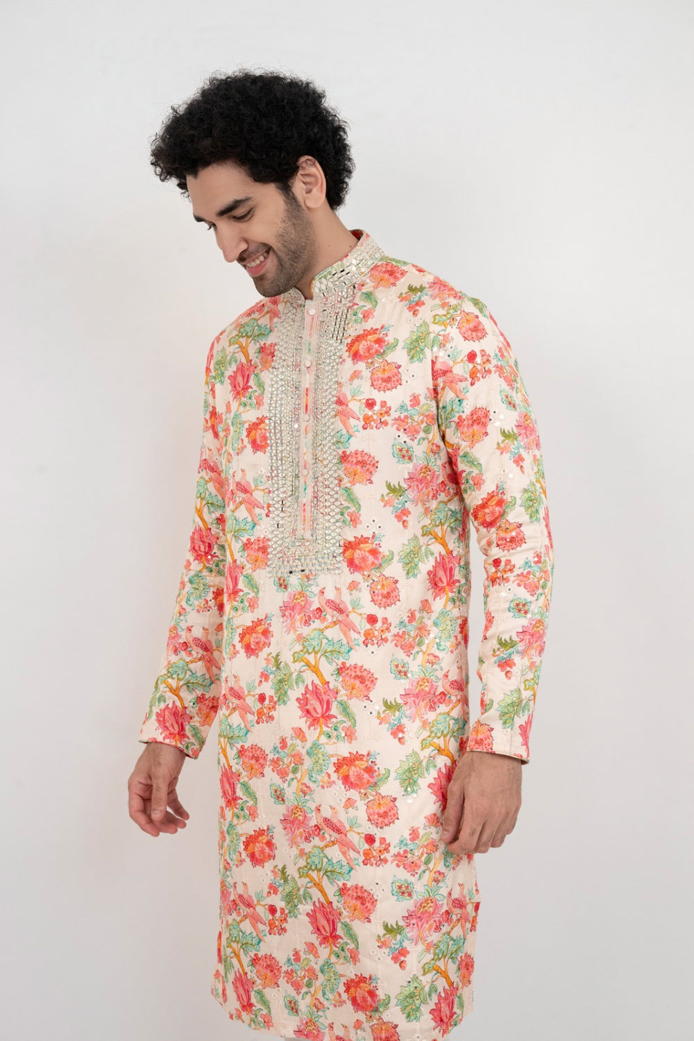 Multicolour resham embroidered satin linen kurta set with with kasab and mirror work