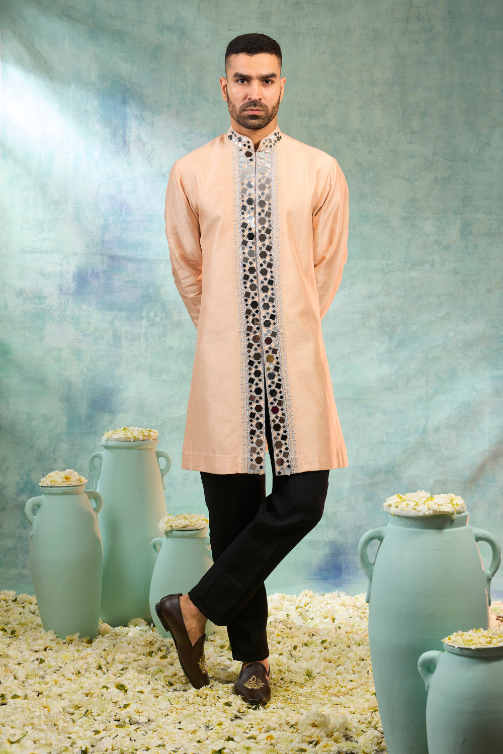 Black velvet sherwani with mirror and thread work
