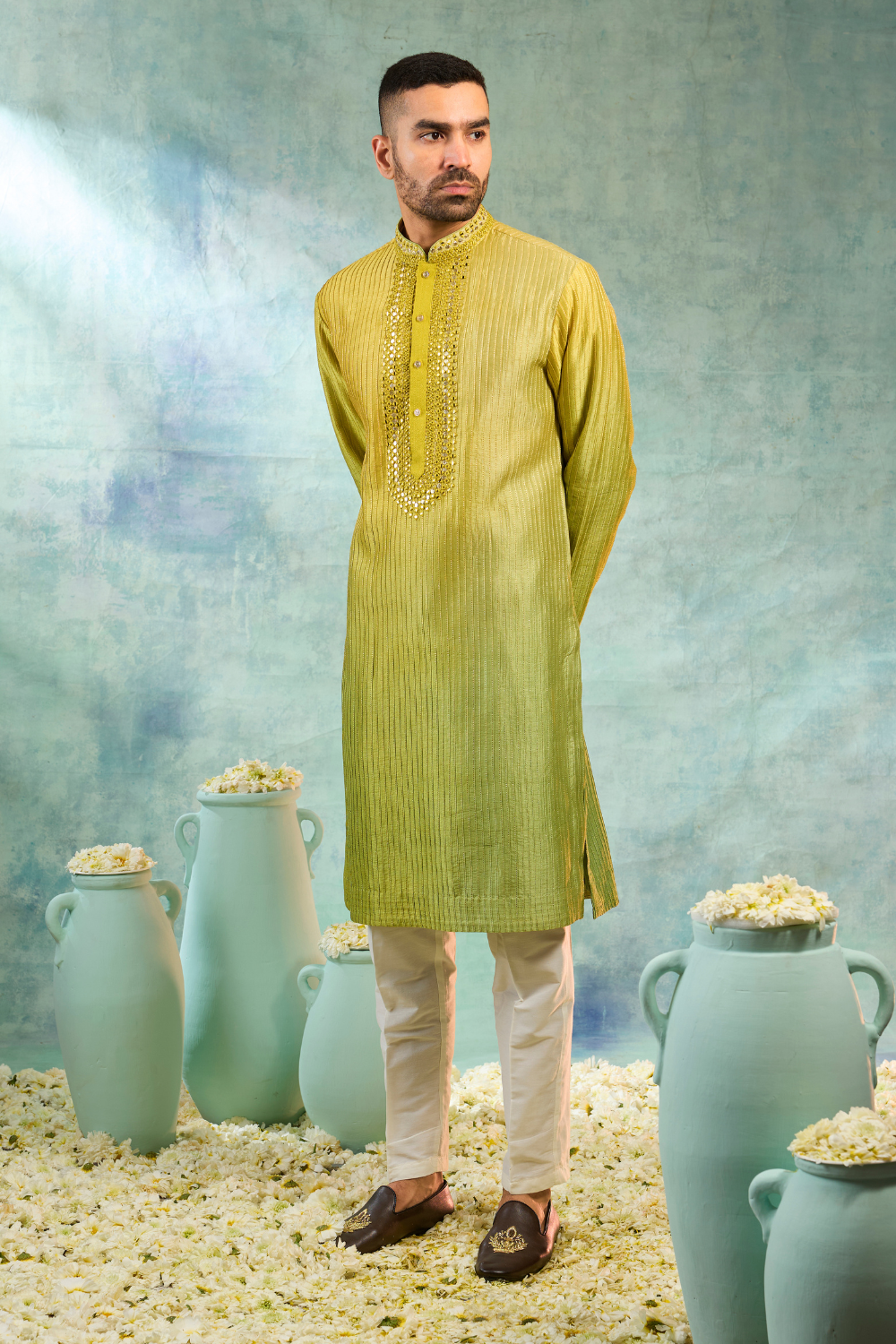 Olive green silk koti set with mirror and sequence work with pintucks