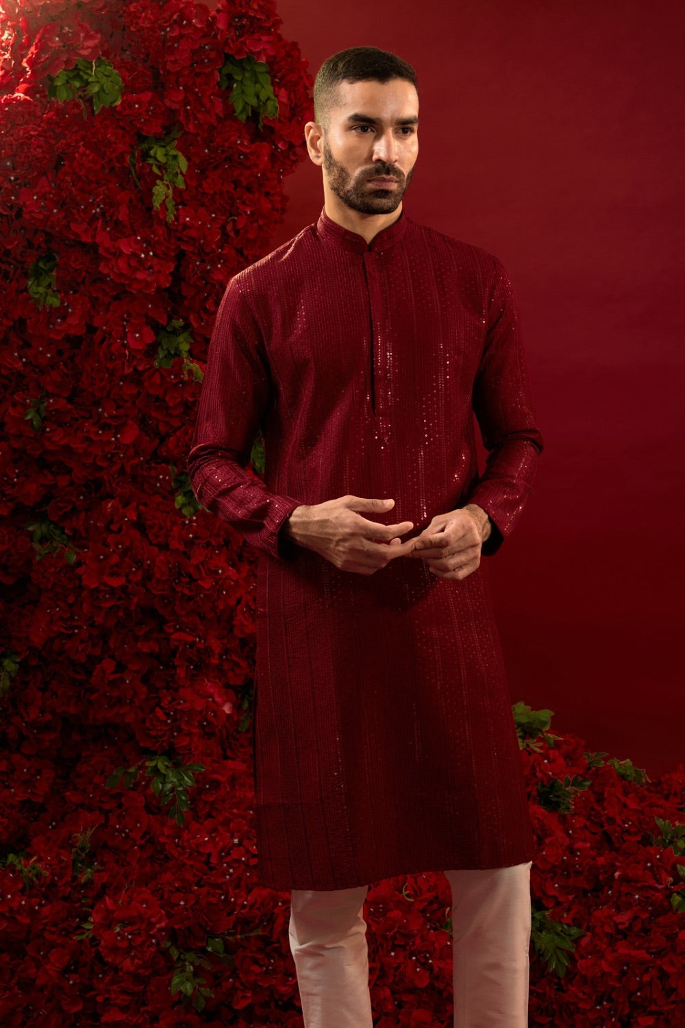 Red silk kurta set with hand and machine work